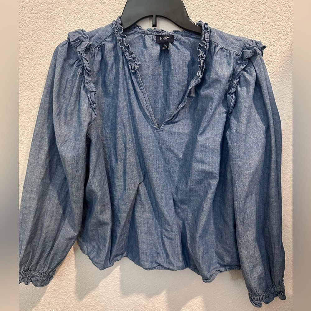 J. Crew Women's Chambray Ruffle Collar Long-sleeve V Neck Top